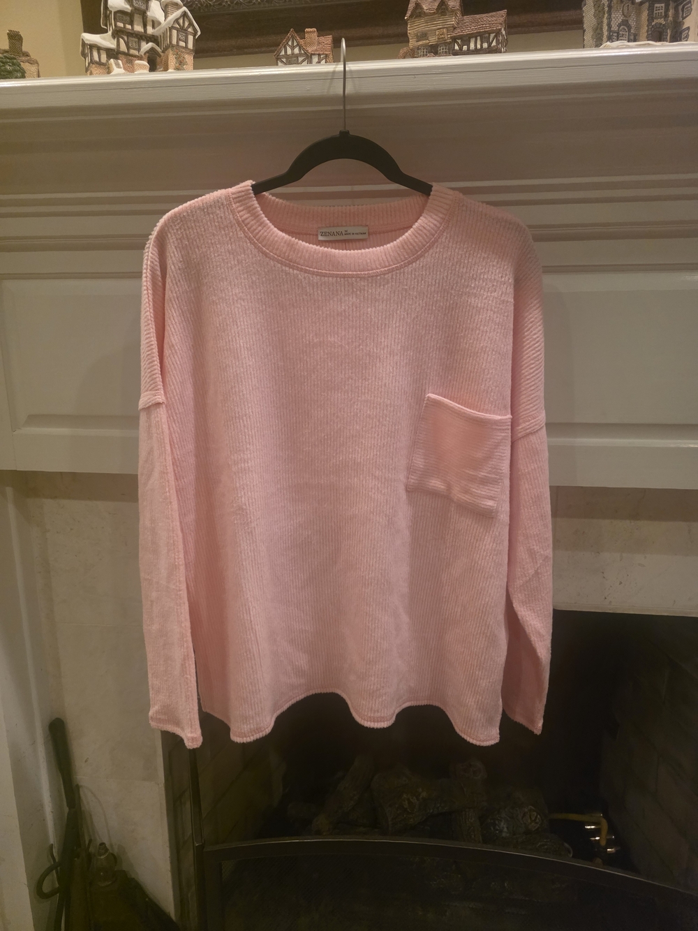 Zenana Outfitters Pale Pink Long-Sleeve Crewneck with Pocket